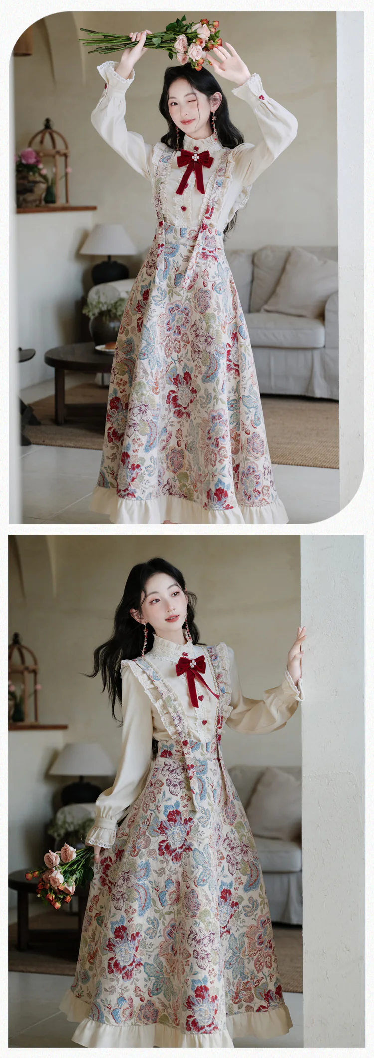Cottagecore-Victorian-Jacquard-Floral-Dress-with-Blouse-Casual-Outfit13