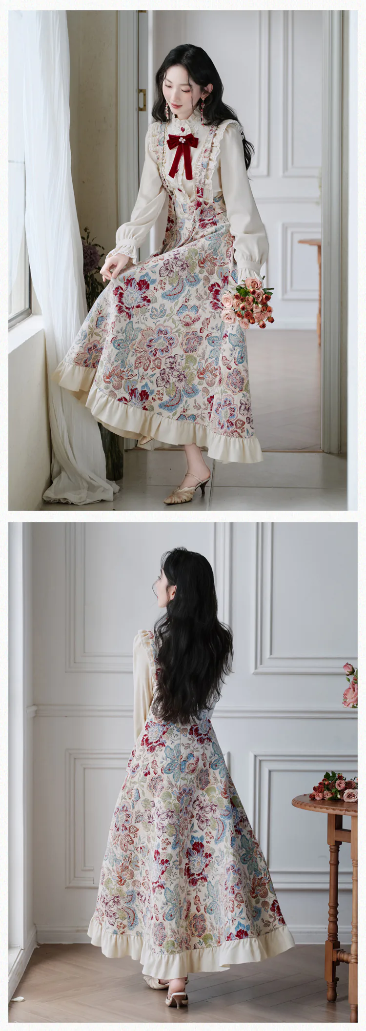 Cottagecore-Victorian-Jacquard-Floral-Dress-with-Blouse-Casual-Outfit14