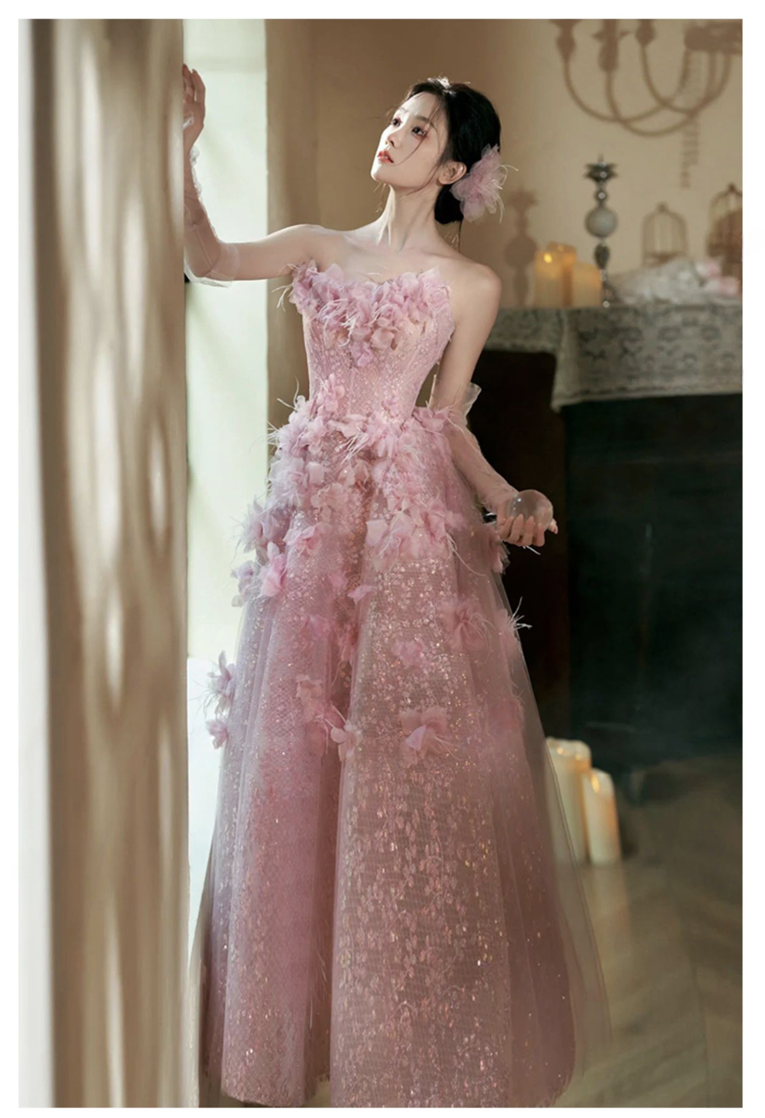 Fairy-Light-Pink-Strapless-3D-Floral-Sparkly-Lace-Tulle-Evening-Party-Dress11