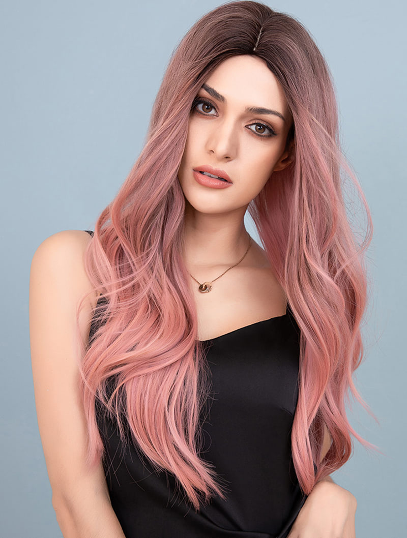 Fashion Gradient Pink Hair Long Curly Wig with Dark Roots01