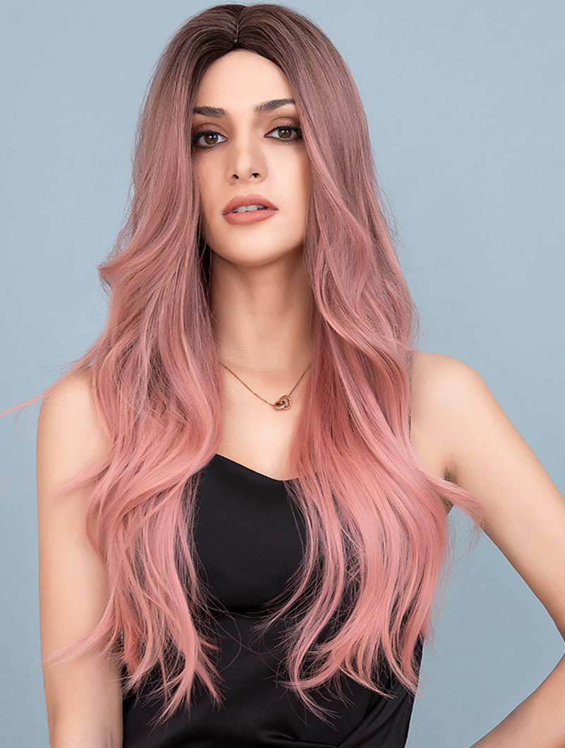 Fashion Gradient Pink Hair Long Curly Wig with Dark Roots02