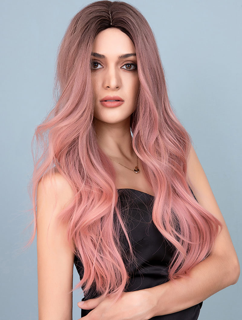Fashion Gradient Pink Hair Long Curly Wig with Dark Roots03