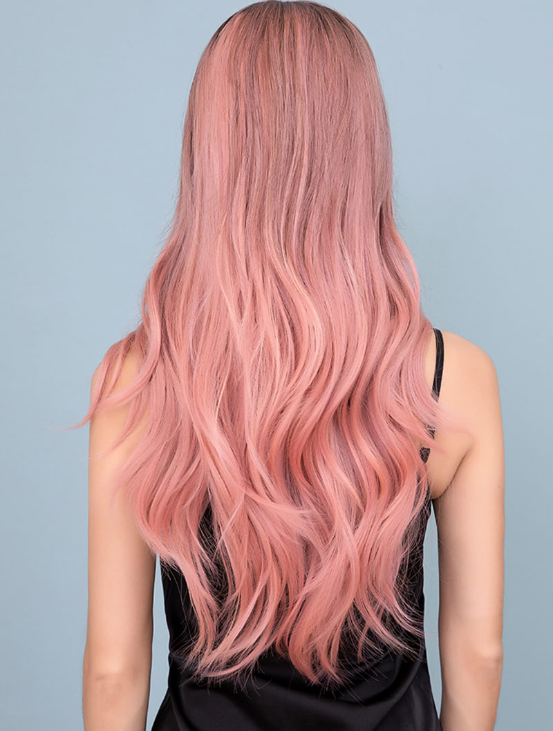 Fashion Gradient Pink Hair Long Curly Wig with Dark Roots05