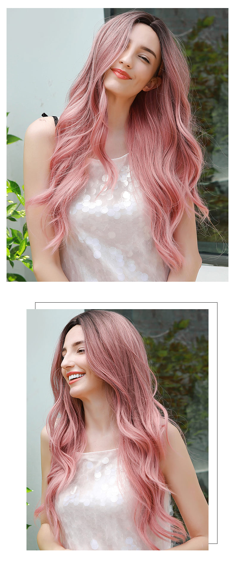 Fashion Gradient Pink Hair Long Curly Wig with Dark Roots06