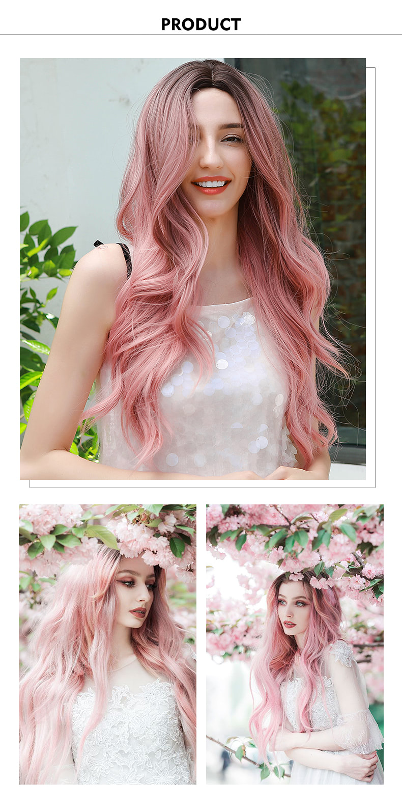 Fashion Gradient Pink Hair Long Curly Wig with Dark Roots07