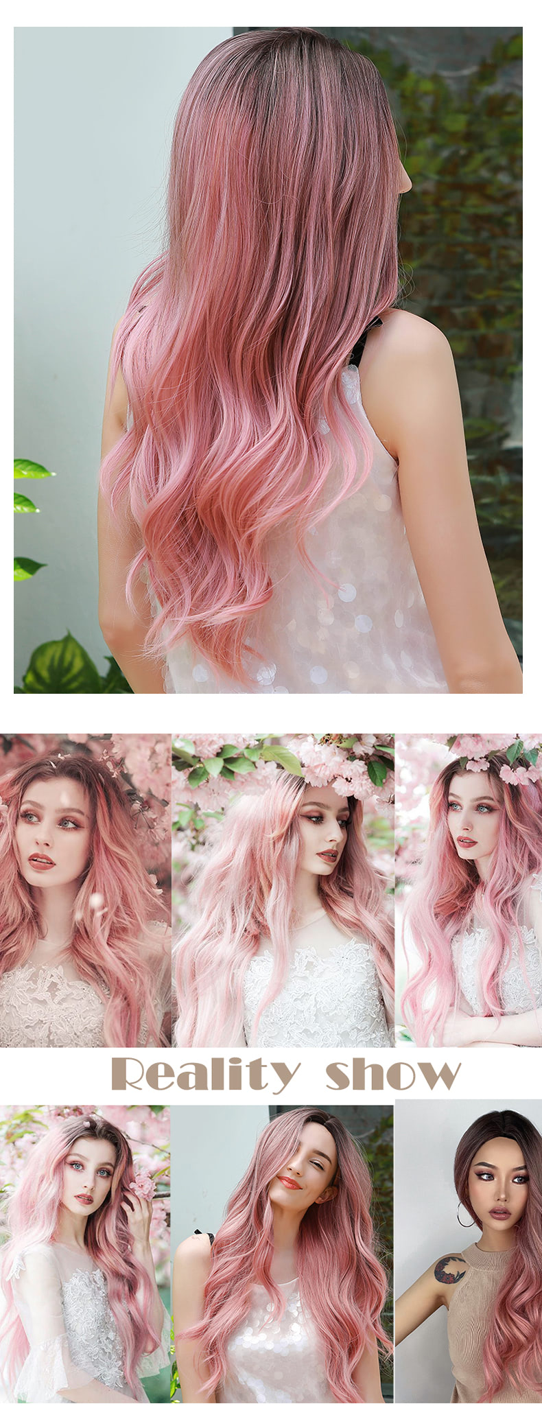 Fashion Gradient Pink Hair Long Curly Wig with Dark Roots09