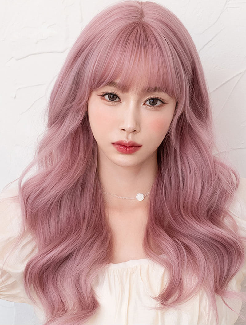 Lolita Pink Wavy Wig with Bangs for Daily Party Actress Wear01