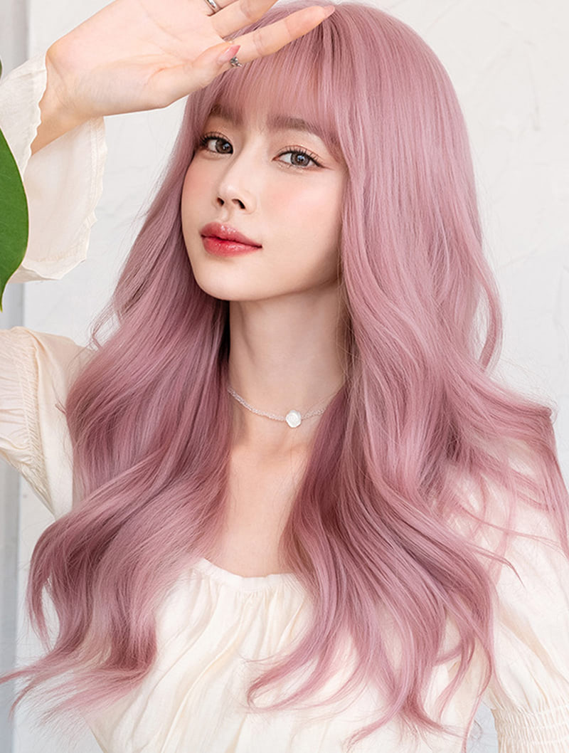 Lolita Pink Wavy Wig with Bangs for Daily Party Actress Wear01