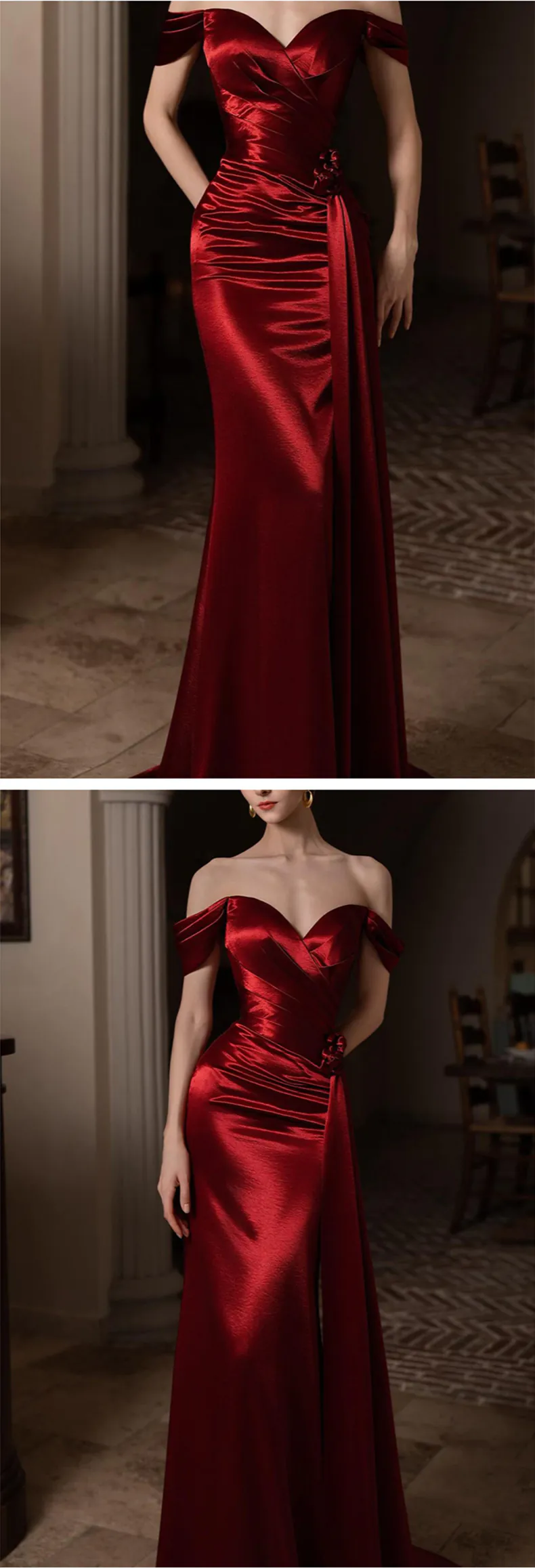 Modest-Off-the-Shoulder-Mermaid-Satin-Burgundy-Formal-Dress-Outfit-Gown15