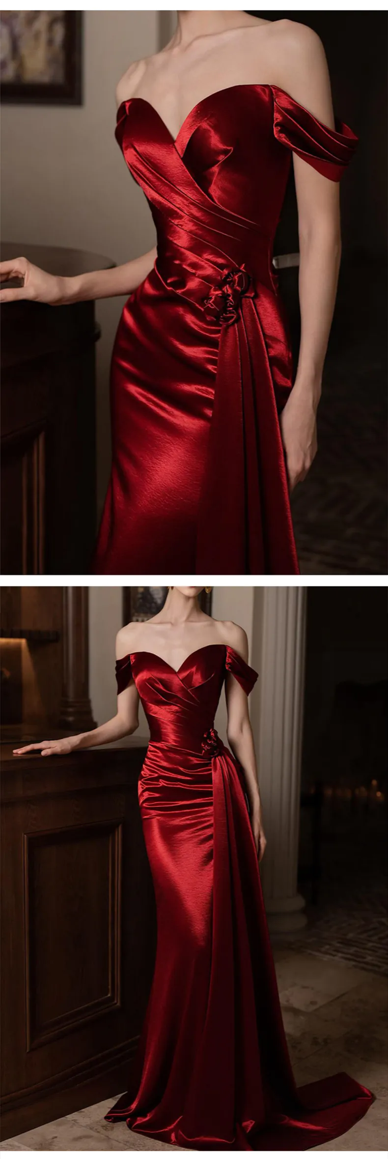 Modest-Off-the-Shoulder-Mermaid-Satin-Burgundy-Formal-Dress-Outfit-Gown16