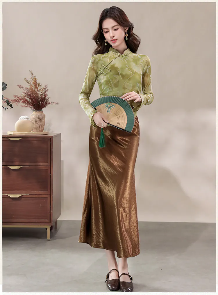 New-Chinese-Style-Green-Watercolor-Floral-Mesh-Top-with-Satin-Midi-Skirt-Set07