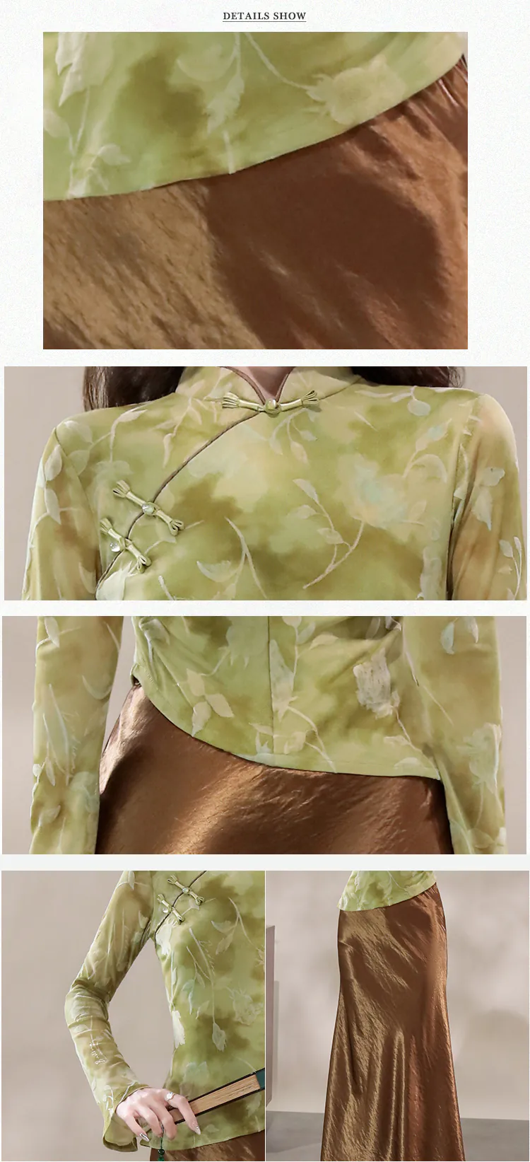 New-Chinese-Style-Green-Watercolor-Floral-Mesh-Top-with-Satin-Midi-Skirt-Set08