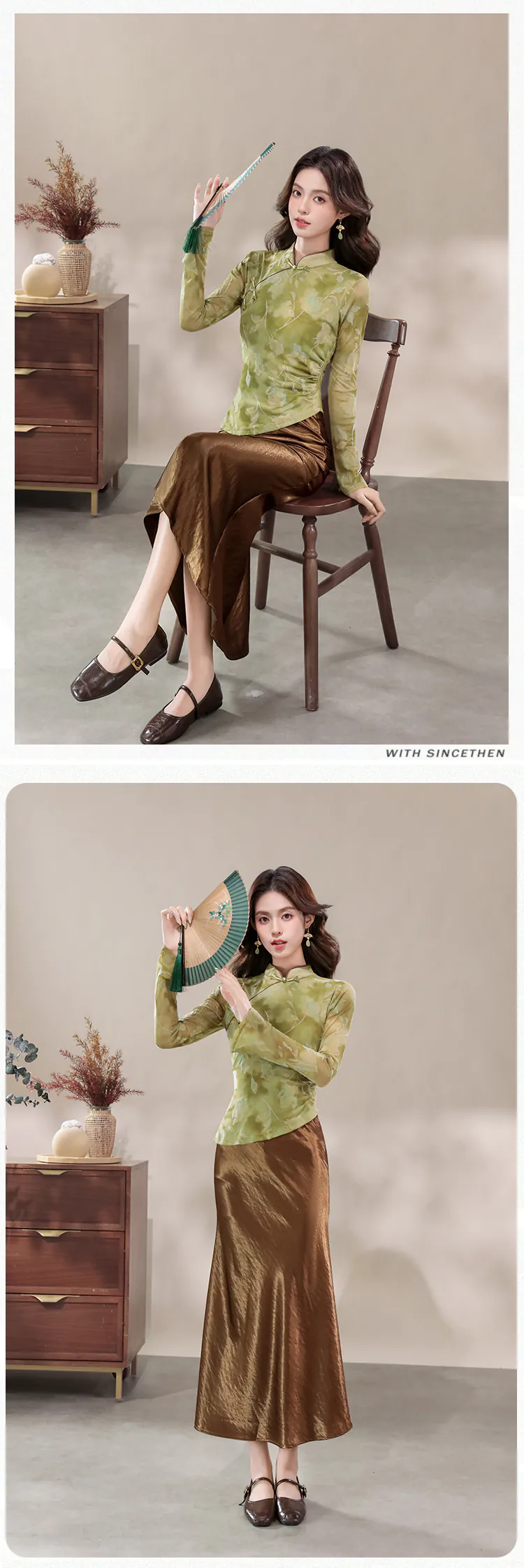 New-Chinese-Style-Green-Watercolor-Floral-Mesh-Top-with-Satin-Midi-Skirt-Set09