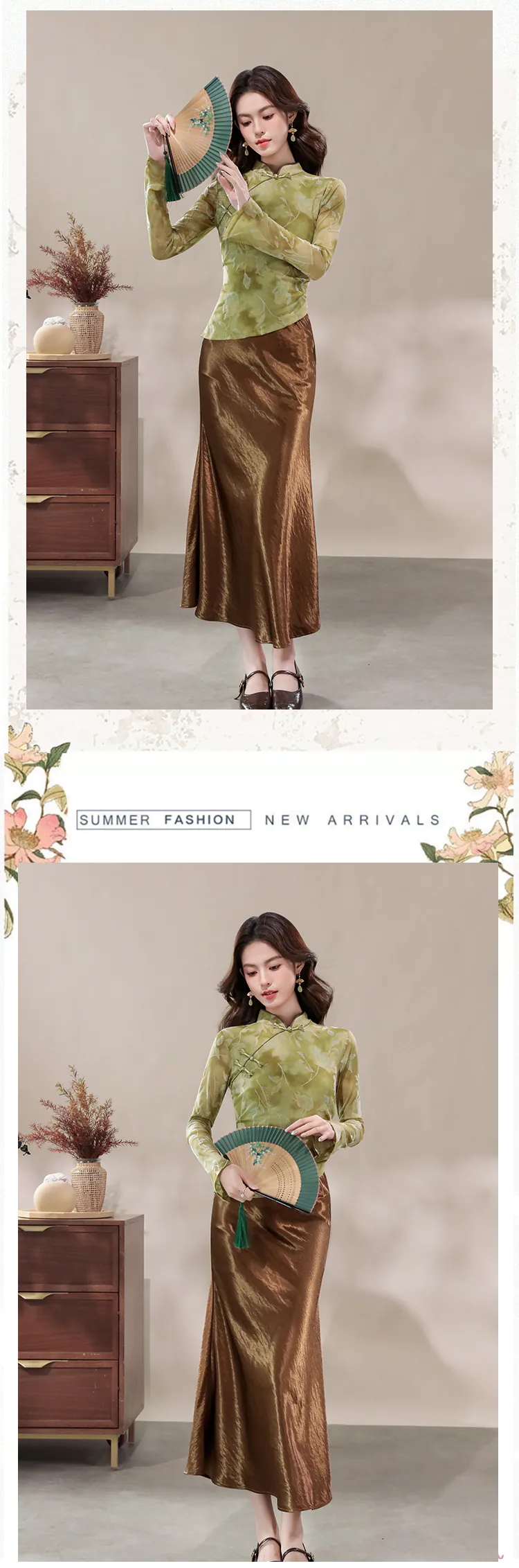 New-Chinese-Style-Green-Watercolor-Floral-Mesh-Top-with-Satin-Midi-Skirt-Set10