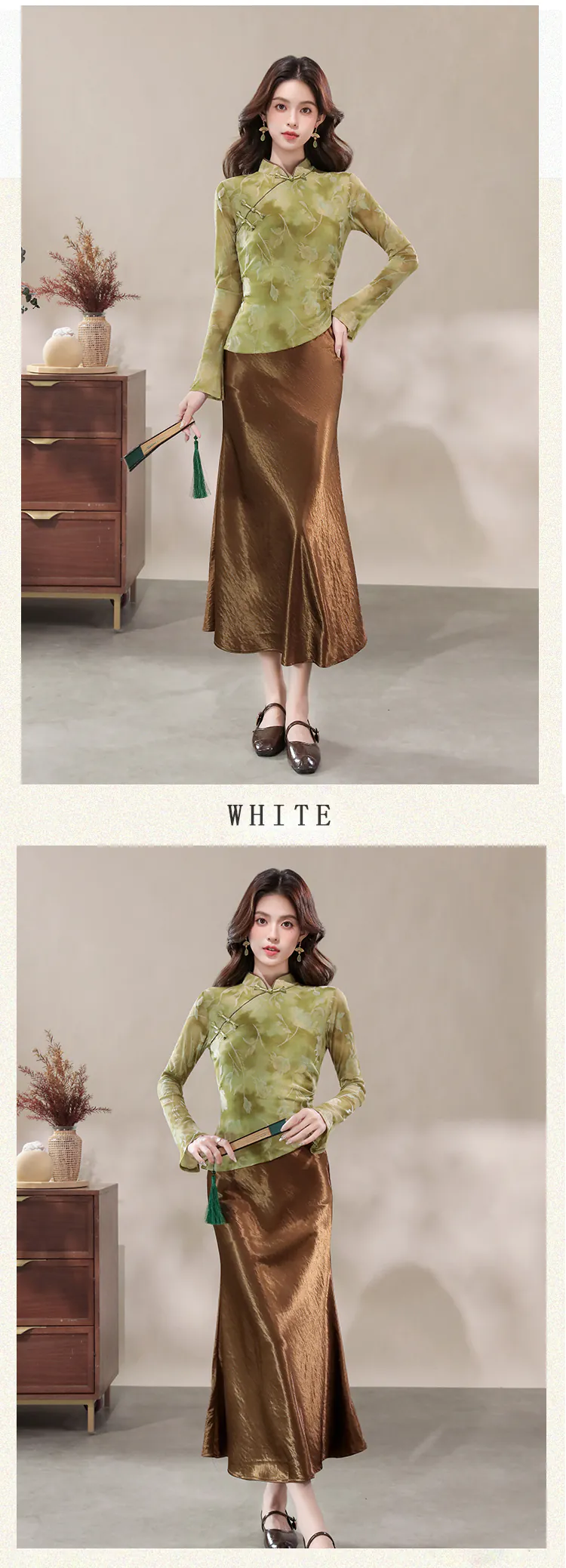 New-Chinese-Style-Green-Watercolor-Floral-Mesh-Top-with-Satin-Midi-Skirt-Set11