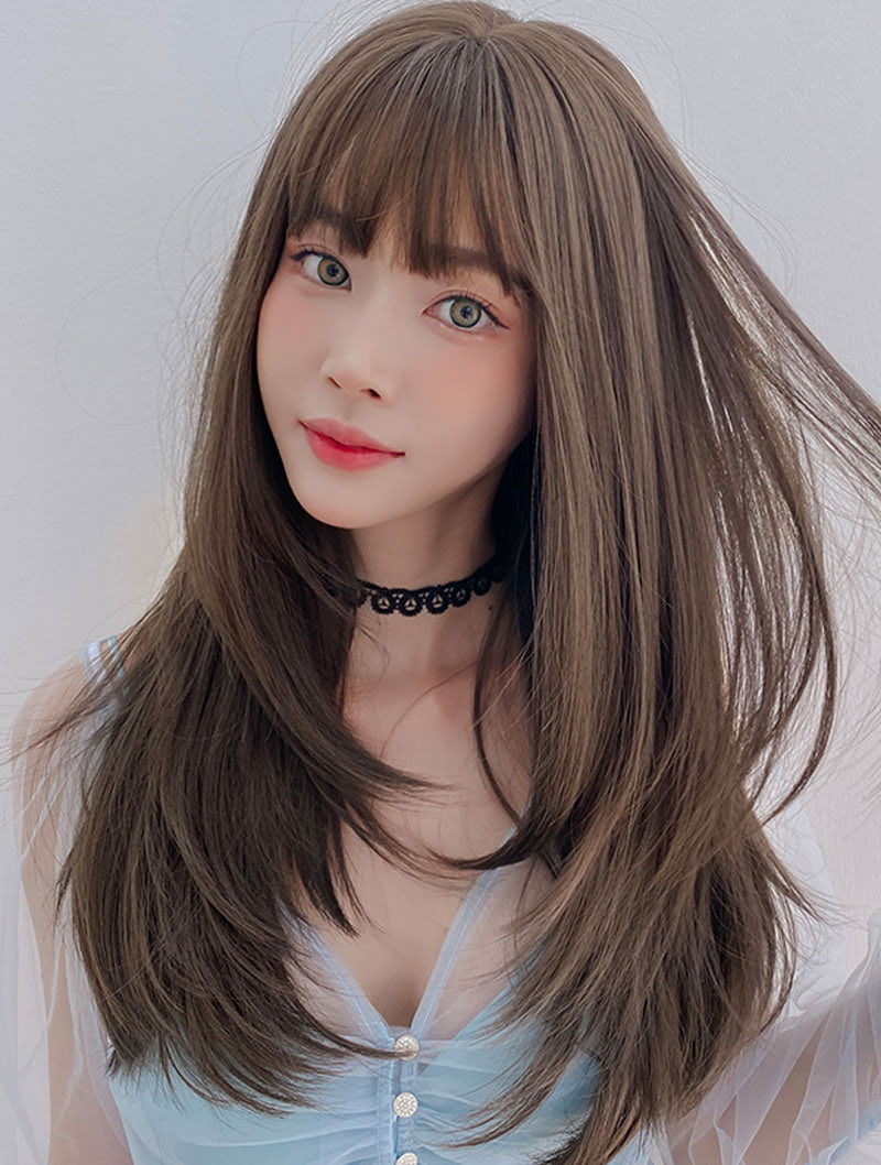 Pink Brown Long Straight Wig with Bangs for Girls and Women01
