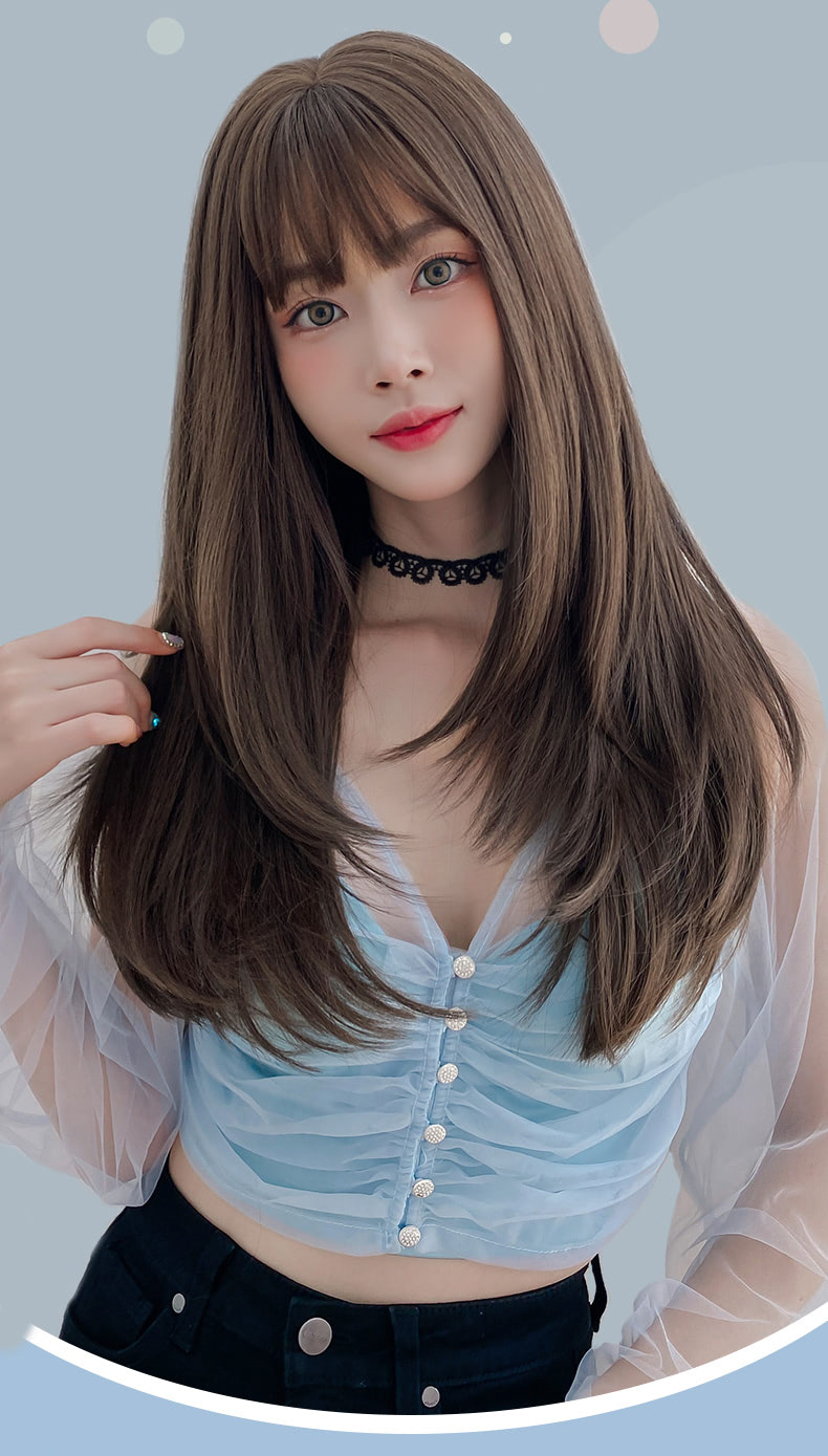 Pink Brown Long Straight Wig with Bangs for Girls and Women06