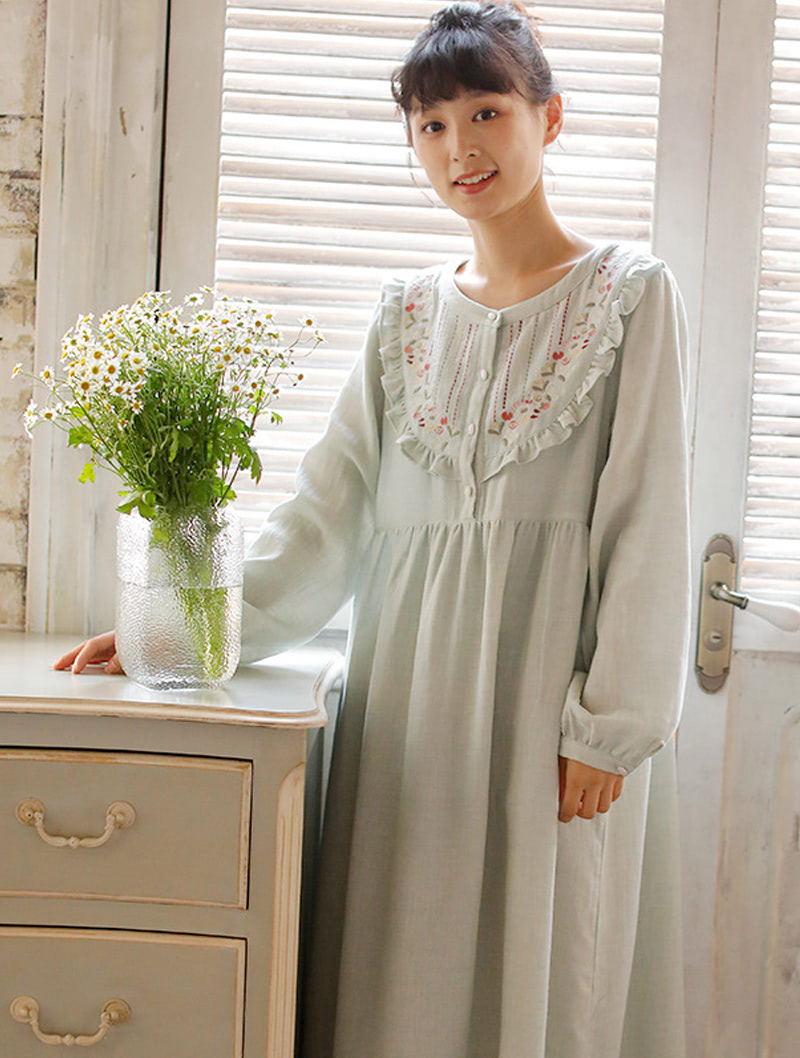 Retro Floral Embroidery Long Sleeve Homewear Clothes for Ladies05