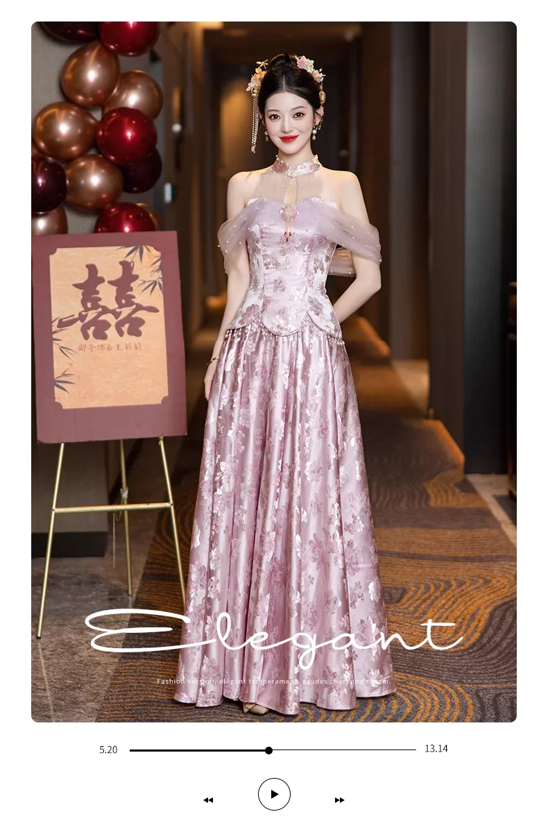 Stylish-Pink-Off-the-Shoulder-Halter-Neck-Floral-Jacquard-Evening-Dress07