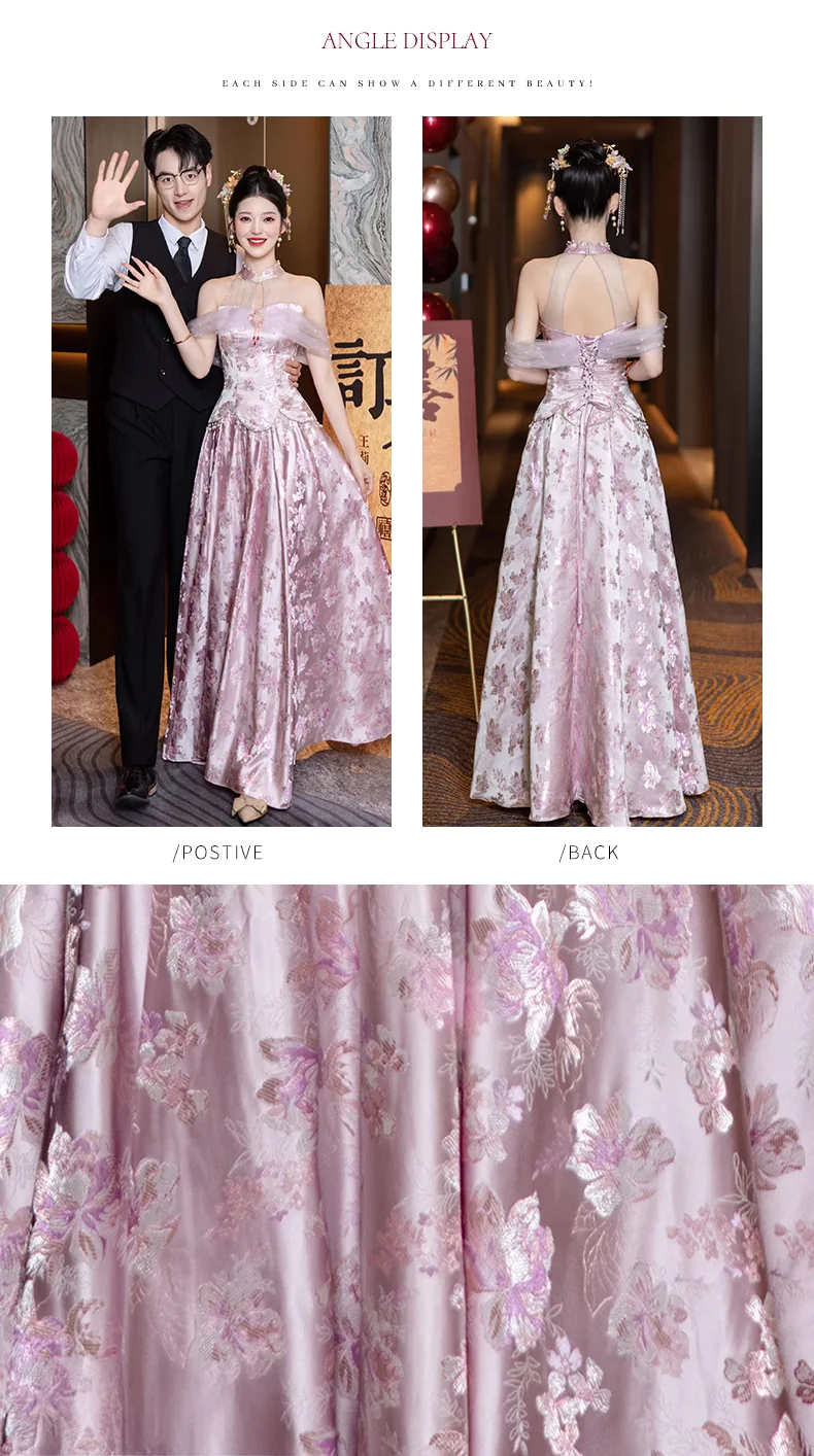 Stylish-Pink-Off-the-Shoulder-Halter-Neck-Floral-Jacquard-Evening-Dress10