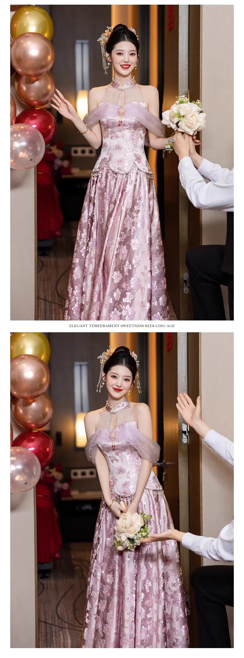 Stylish-Pink-Off-the-Shoulder-Halter-Neck-Floral-Jacquard-Evening-Dress13