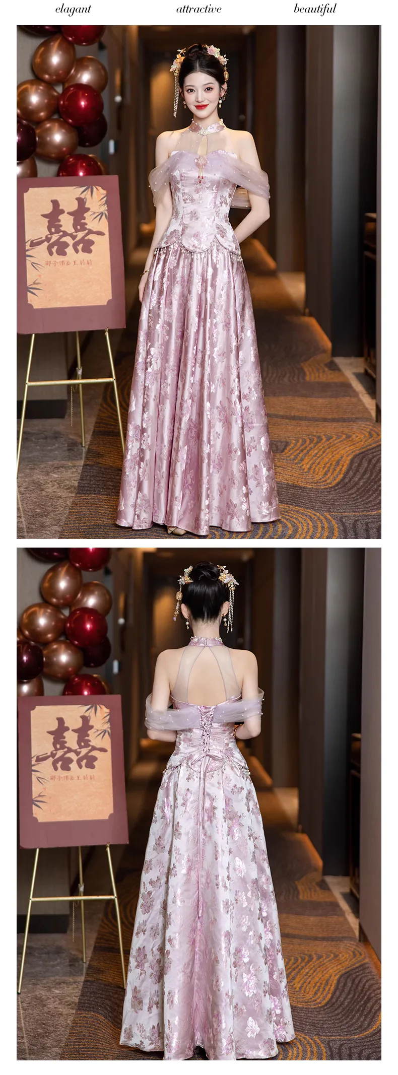 Stylish-Pink-Off-the-Shoulder-Halter-Neck-Floral-Jacquard-Evening-Dress16