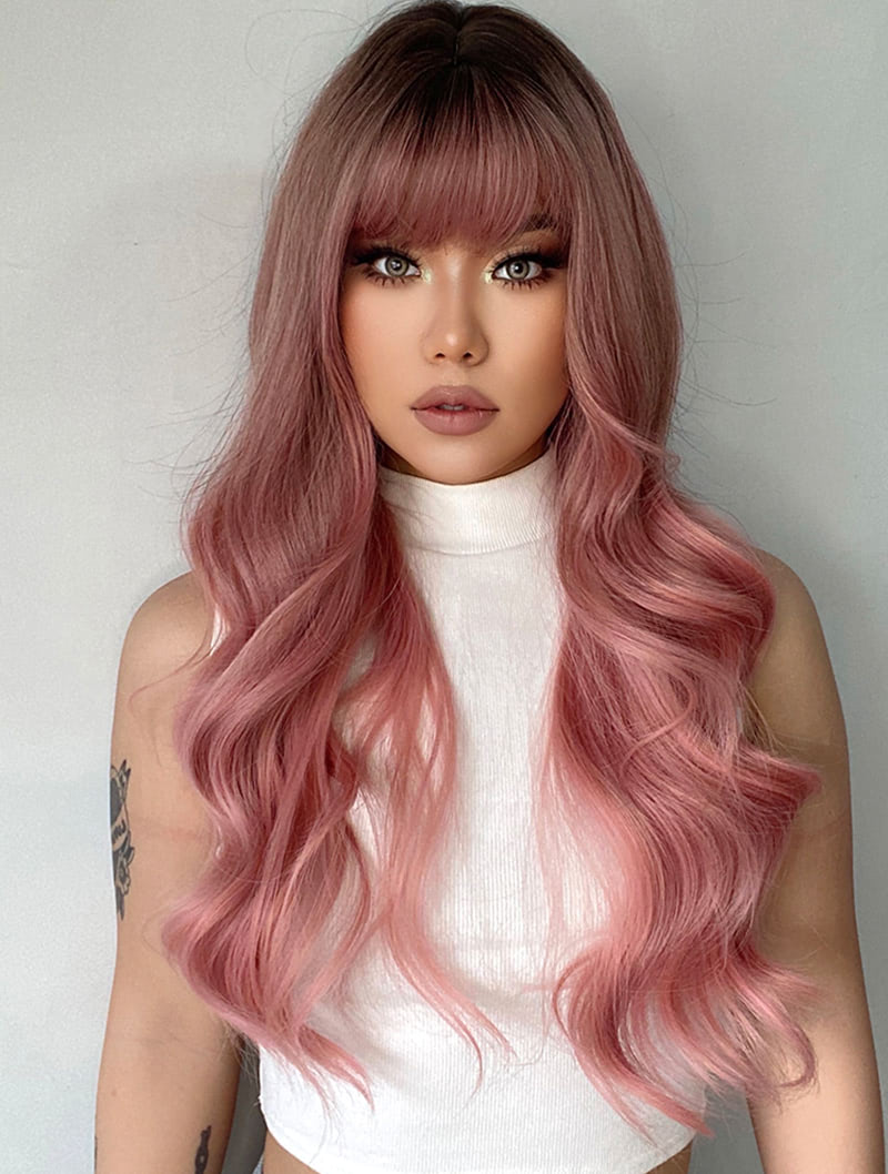 Sweet Aesthetic Pink Wave Wig with Bangs for Women Girl01