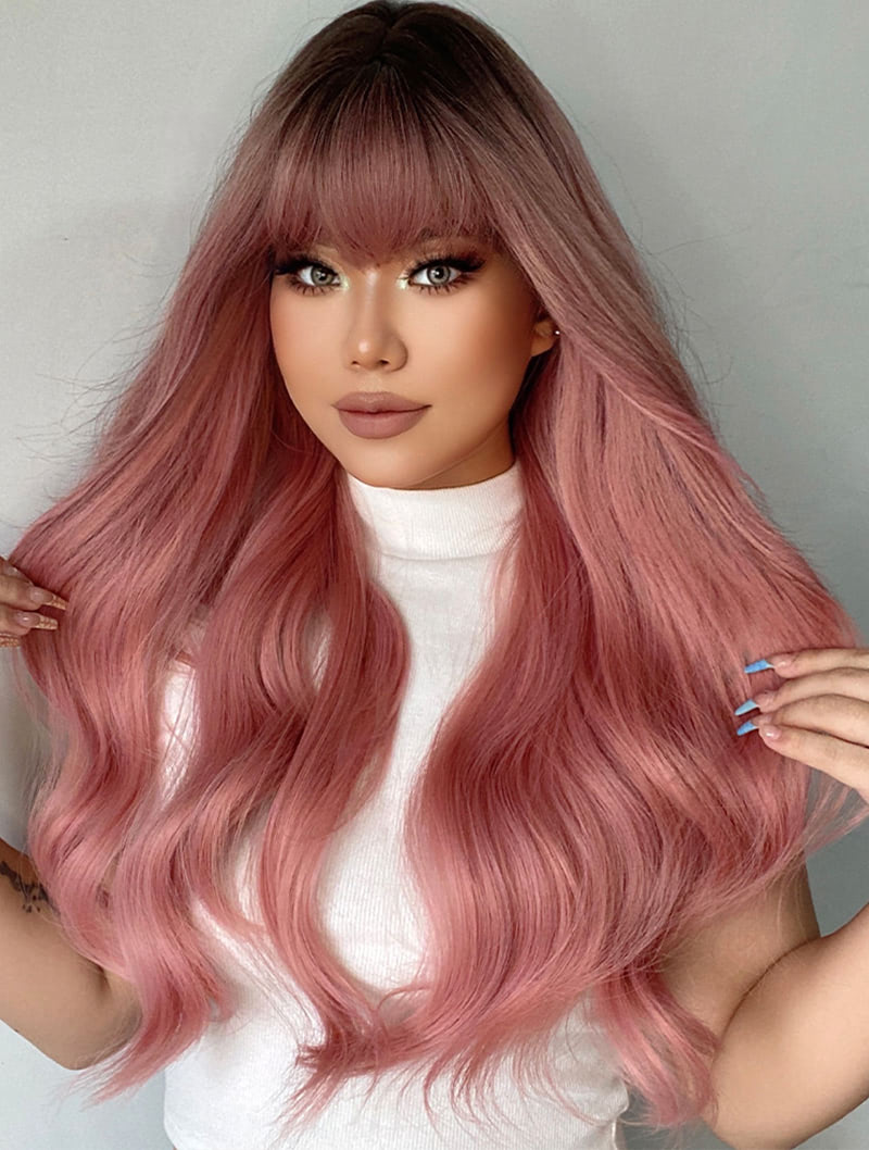Sweet Aesthetic Pink Wave Wig with Bangs for Women Girl02