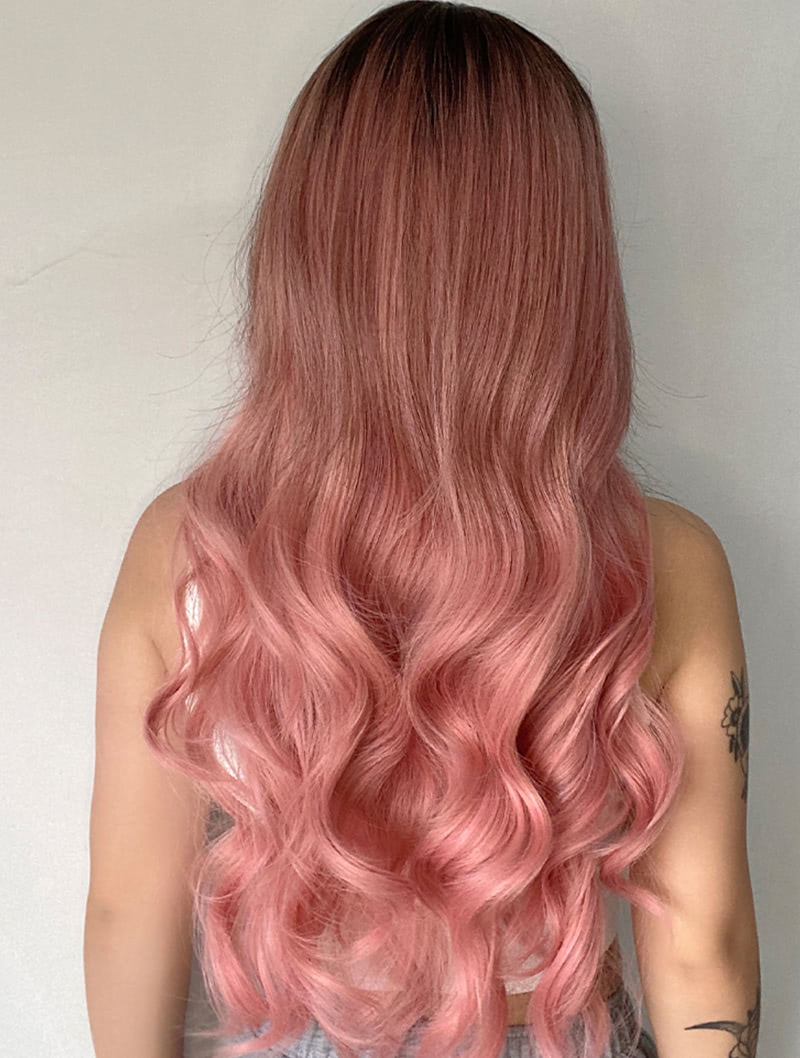 Sweet Aesthetic Pink Wave Wig with Bangs for Women Girl01