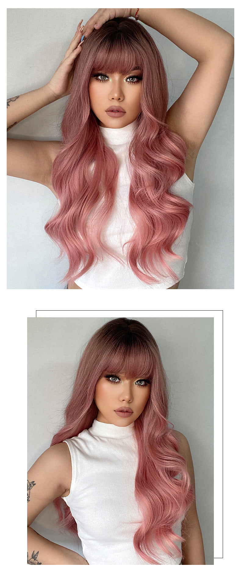 Sweet Aesthetic Pink Wave Wig with Bangs for Women Girl06