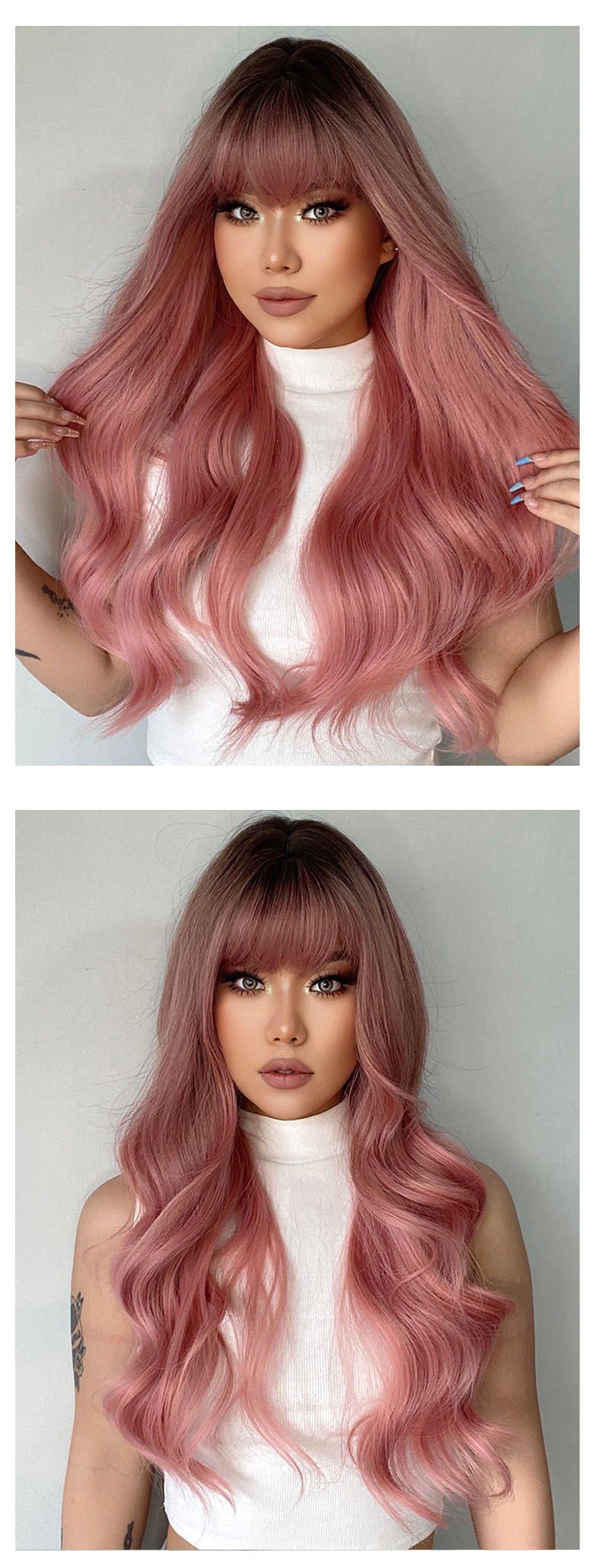 Sweet Aesthetic Pink Wave Wig with Bangs for Women Girl08