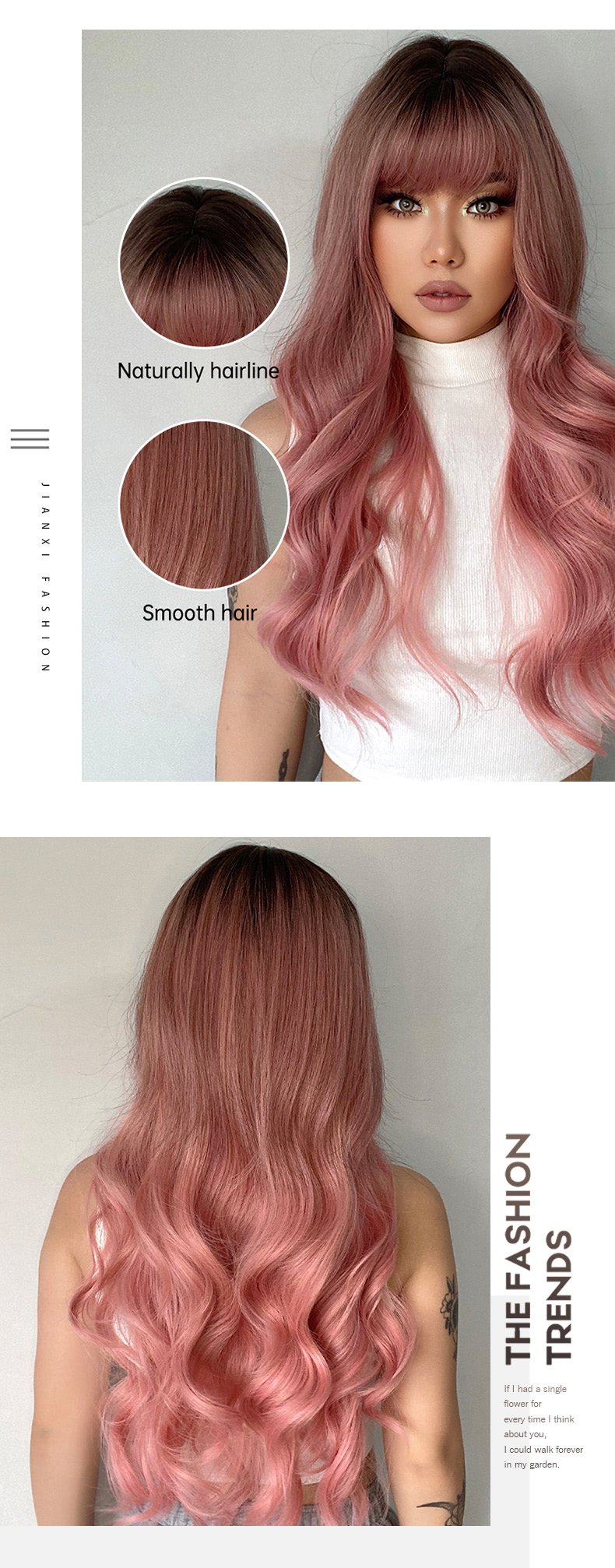 Sweet Aesthetic Pink Wave Wig with Bangs for Women Girl09