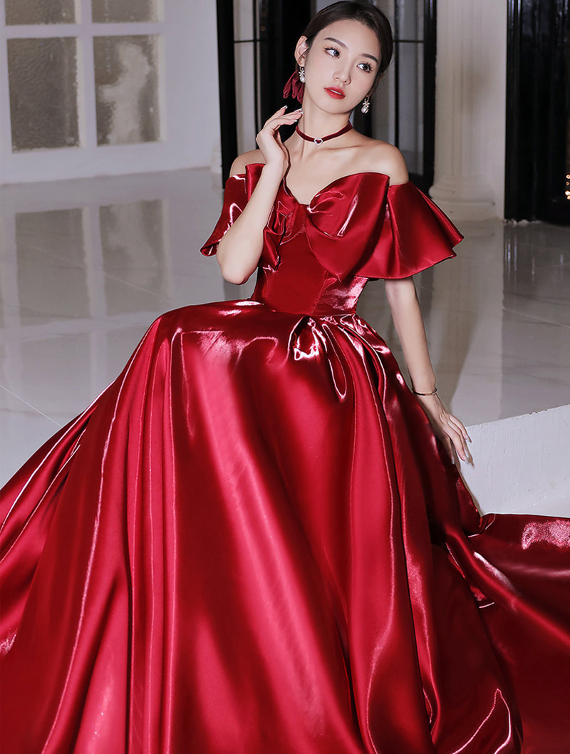 Sweet Bowknot Off Shoulder Red Satin Prom Evening Party Long Dress02