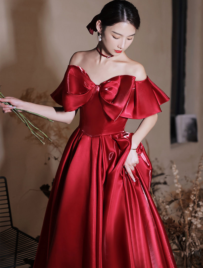 Sweet Bowknot Off Shoulder Red Satin Prom Evening Party Long Dress01