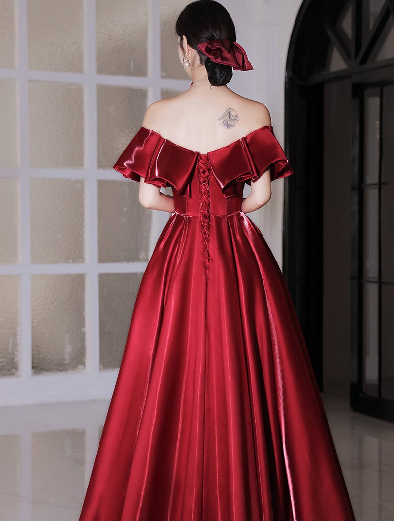 Sweet Bowknot Off Shoulder Red Satin Prom Evening Party Long Dress01