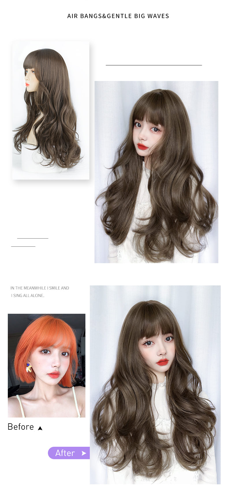 Sweet Female Synthetic Long Wig with Air Bangs for Daily Party Wear07