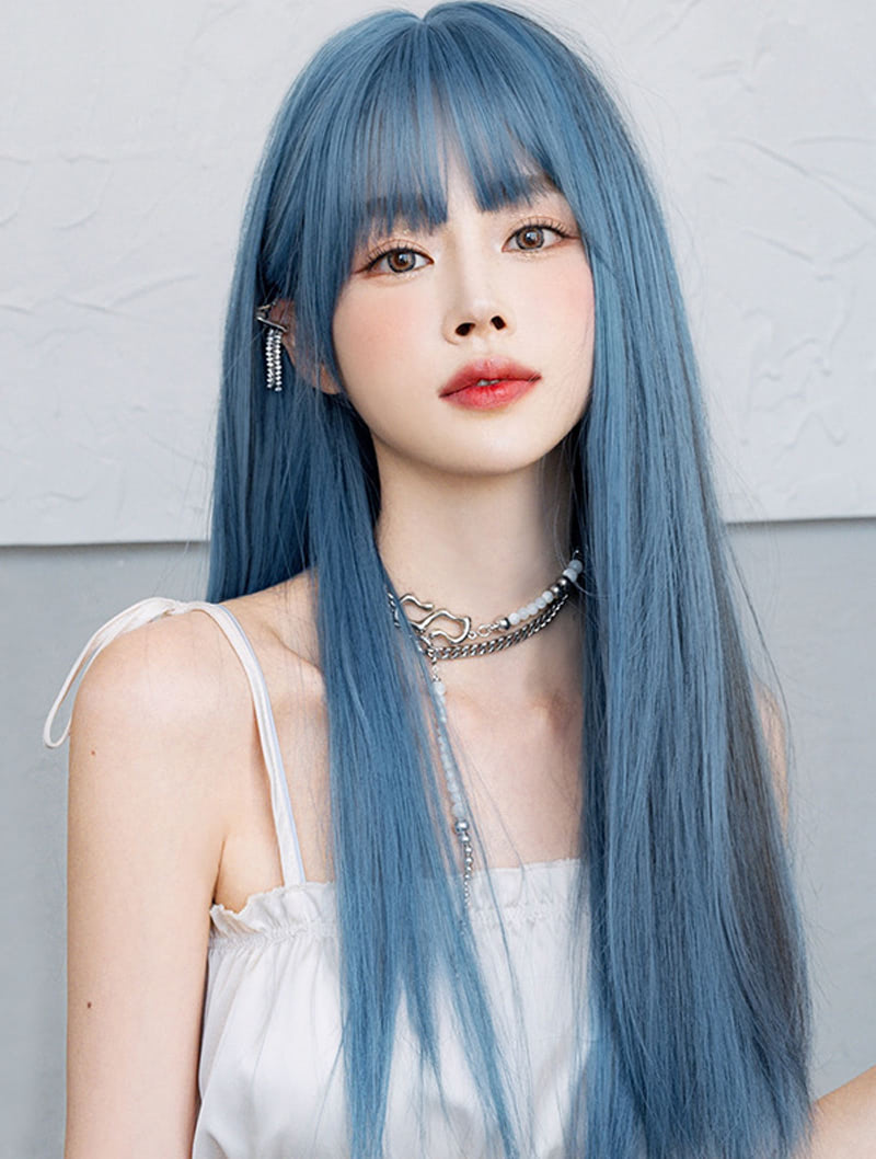 Sweet Mermaid Blue Bust Length Synthetic Wig with Straight Bangs02