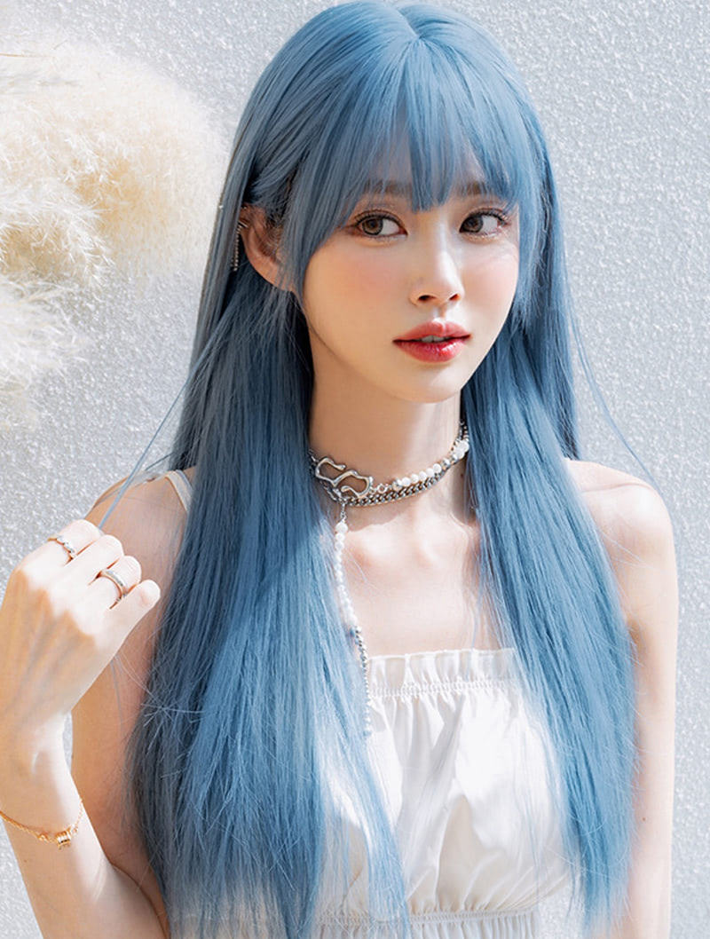 Sweet Mermaid Blue Bust Length Synthetic Wig with Straight Bangs03