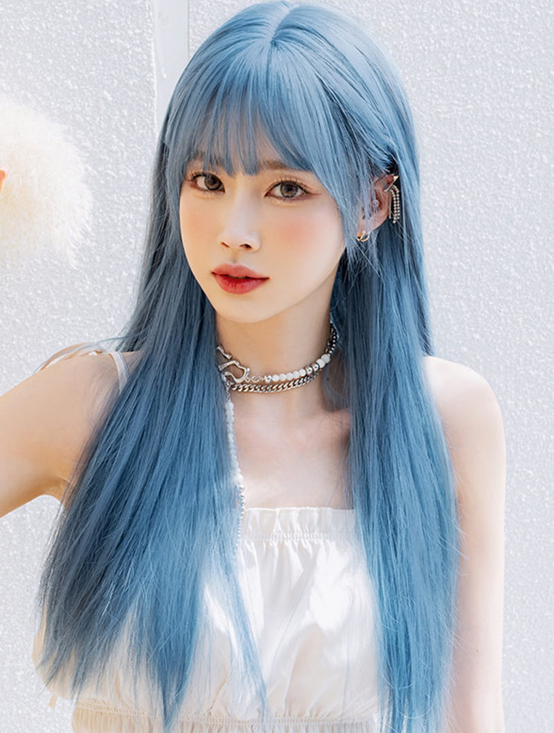 Sweet Mermaid Blue Bust Length Synthetic Wig with Straight Bangs04