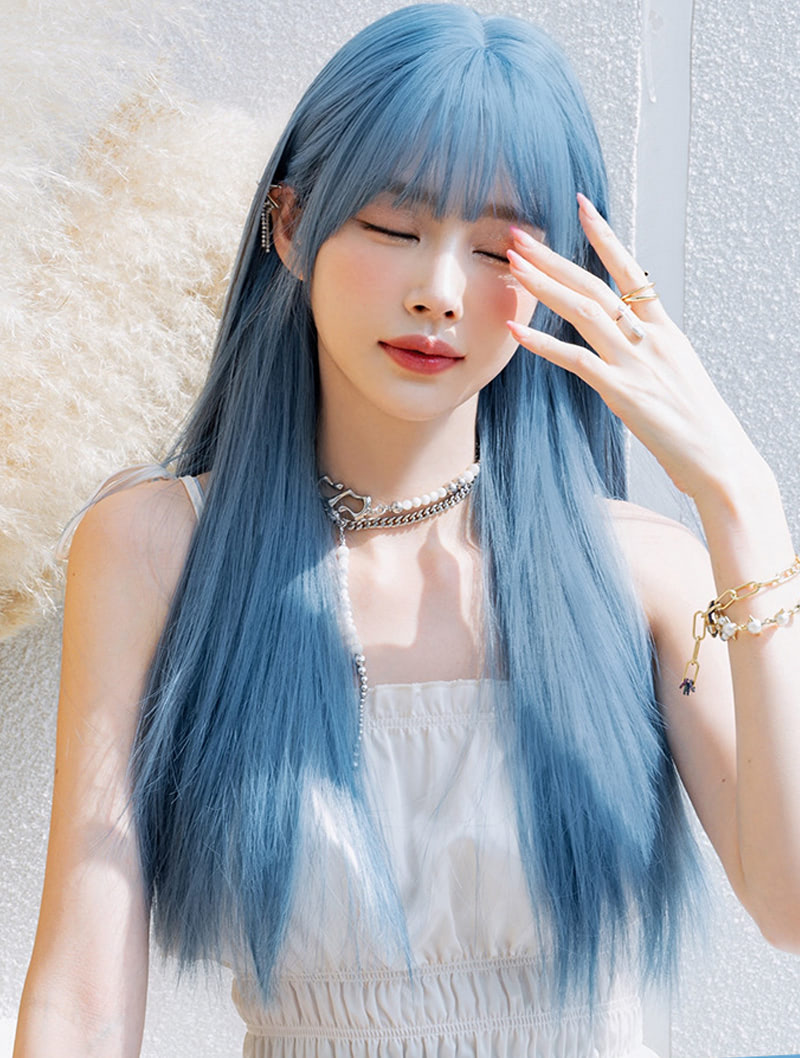 Sweet Mermaid Blue Bust Length Synthetic Wig with Straight Bangs01