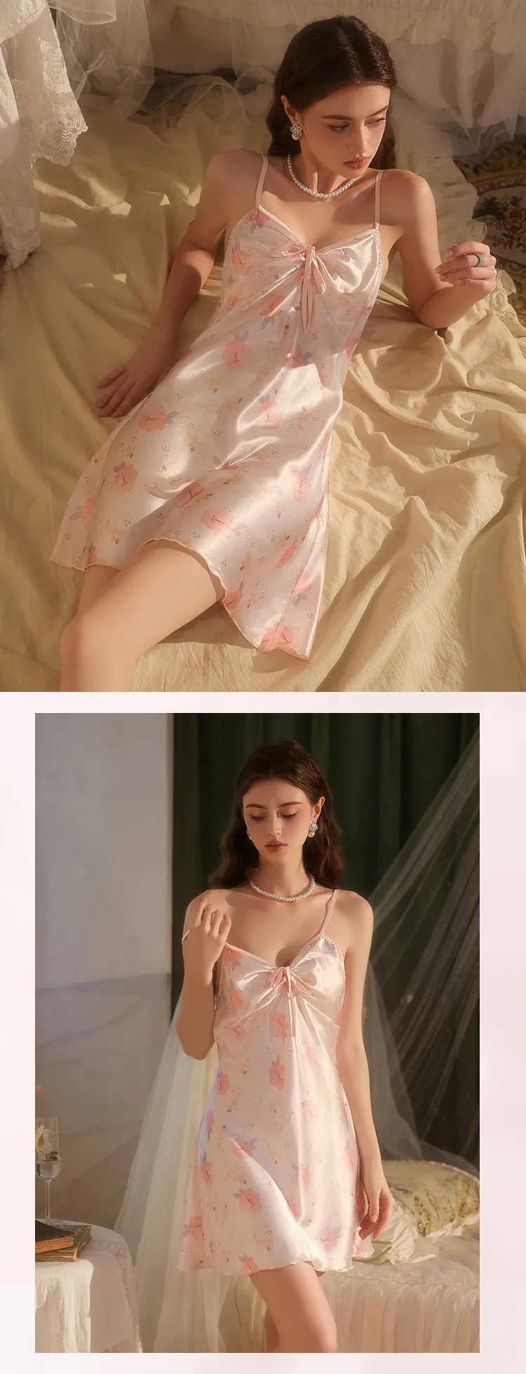 Sweet-Pink-Floral-Print-Slip-Nightgown-Sexy-Satin-Spaghetti-Strap-Nightie11