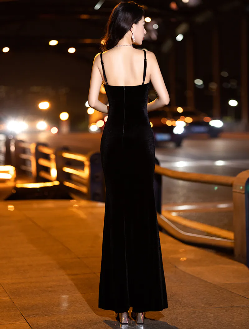 Sweet Velvet Black Fishtail Split Prom Evening Dress Club Party Gown01
