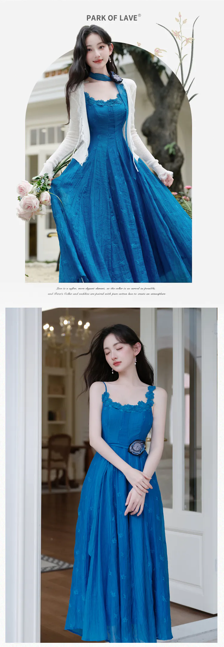 Vintage-Blue-Lace-Neckline-Slip-Dress-with-White-Cardigan-Casual-Set09