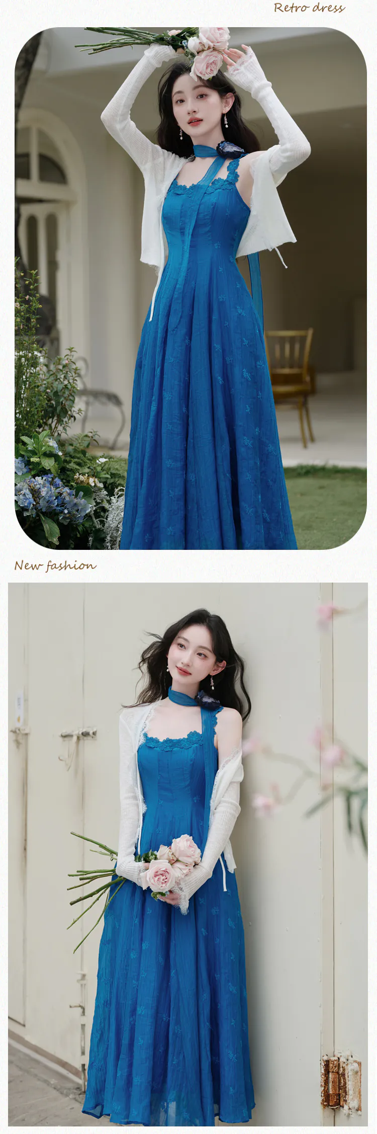Vintage-Blue-Lace-Neckline-Slip-Dress-with-White-Cardigan-Casual-Set10