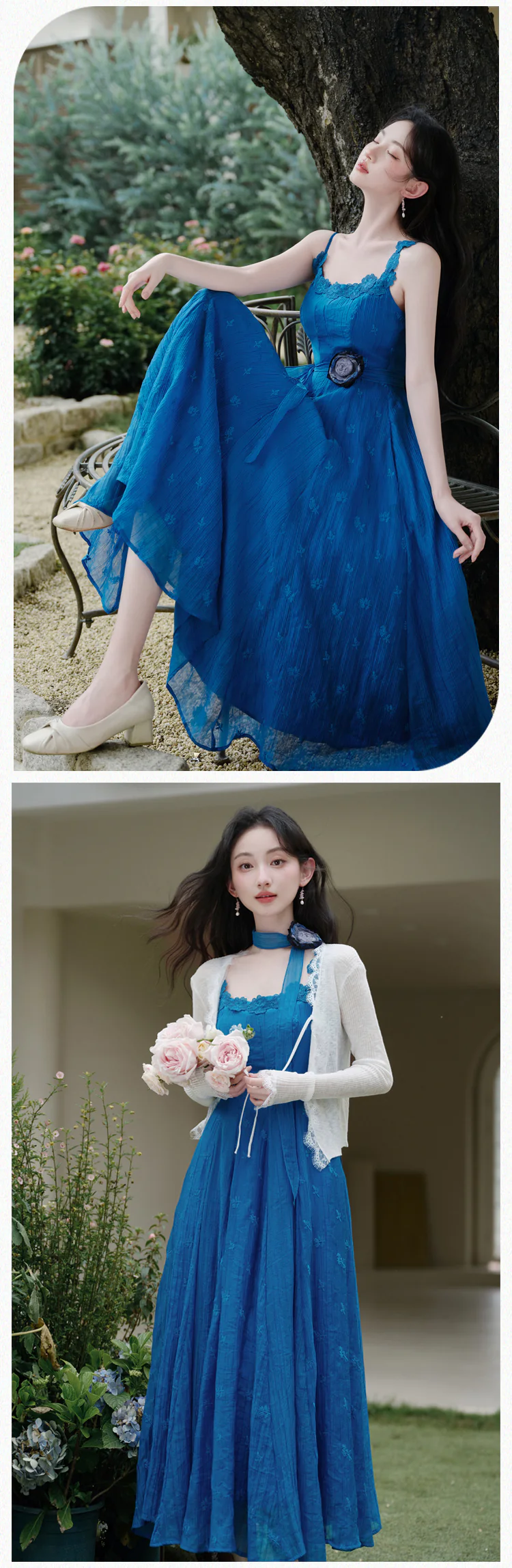 Vintage-Blue-Lace-Neckline-Slip-Dress-with-White-Cardigan-Casual-Set13