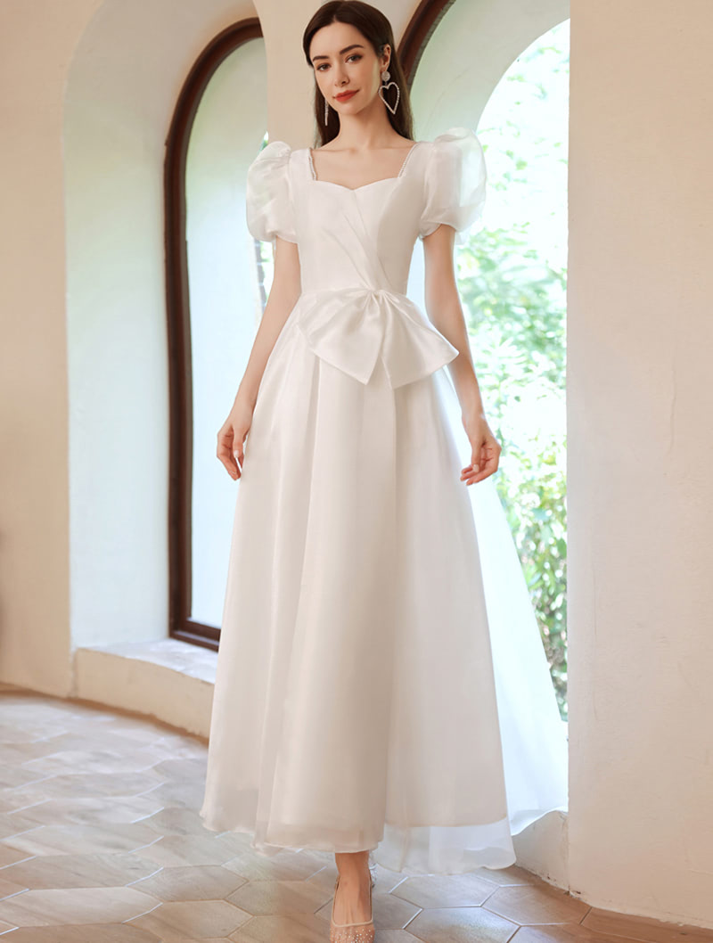 White Short Puff Sleeve Prom Formal Ball Gown Evening Dress01
