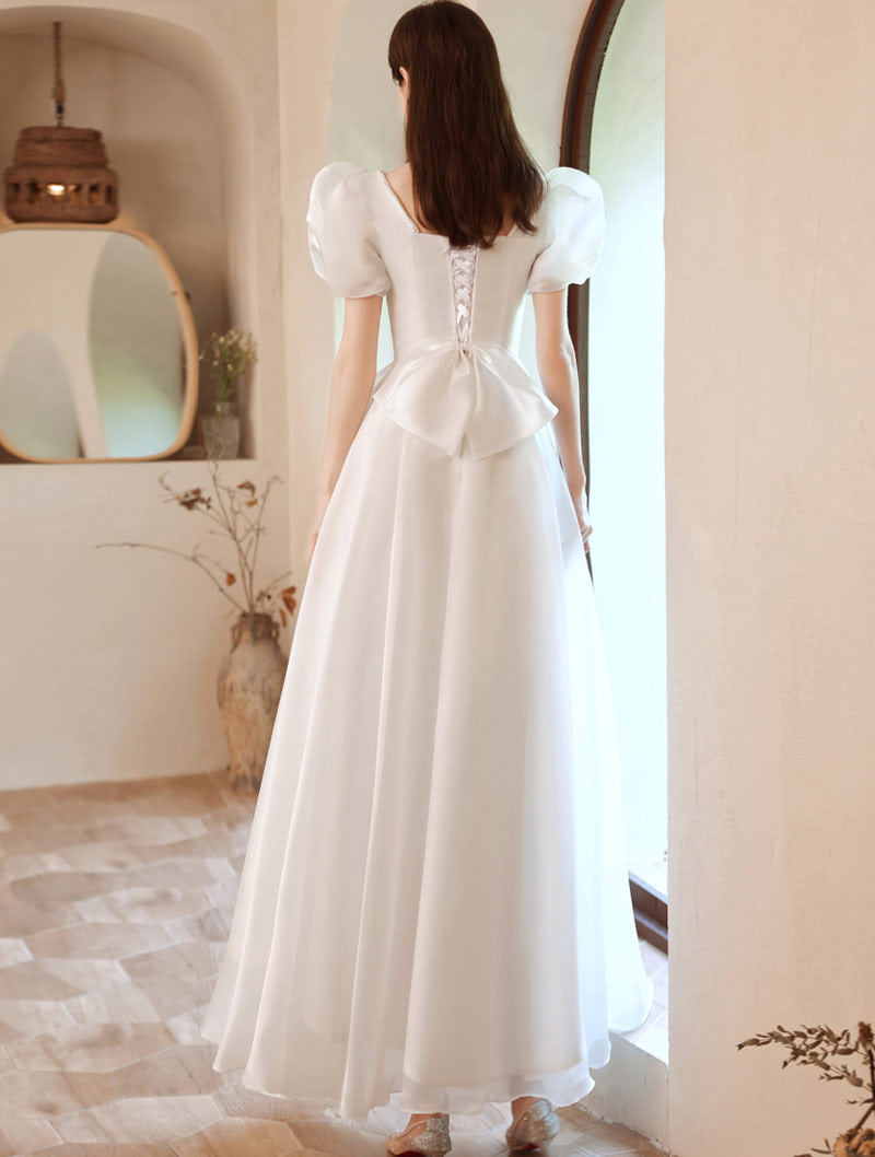White Short Puff Sleeve Prom Formal Ball Gown Evening Dress01