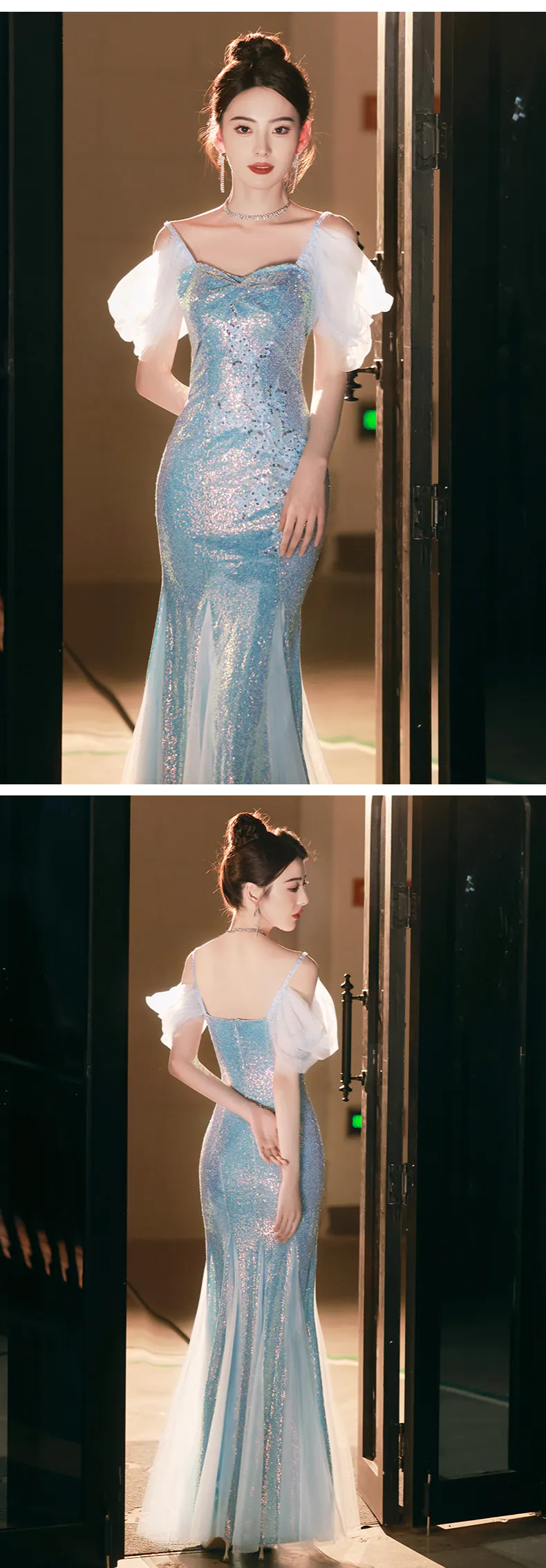 Boutique-Blue-Square-Neck-Short-Tulle-Sleeves-Mermaid-Glitter-Evening-Dress16