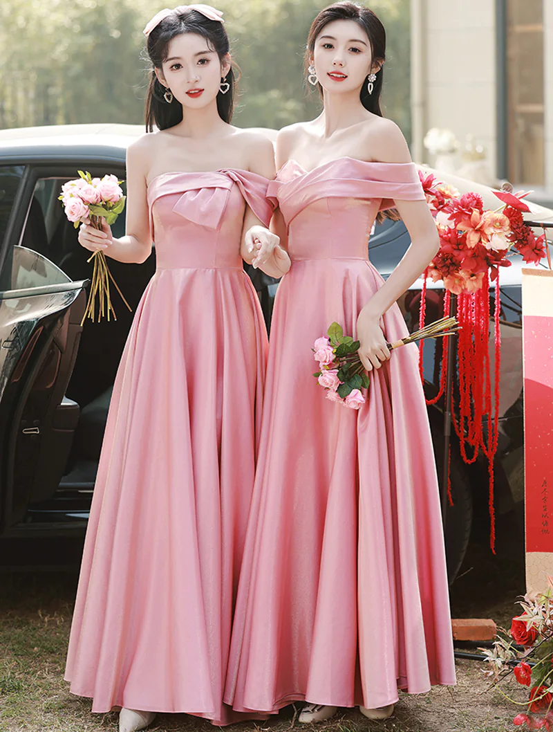 Charming Pink Satin Bridesmaid Dress Short Sleeve Prom Evening Gown01