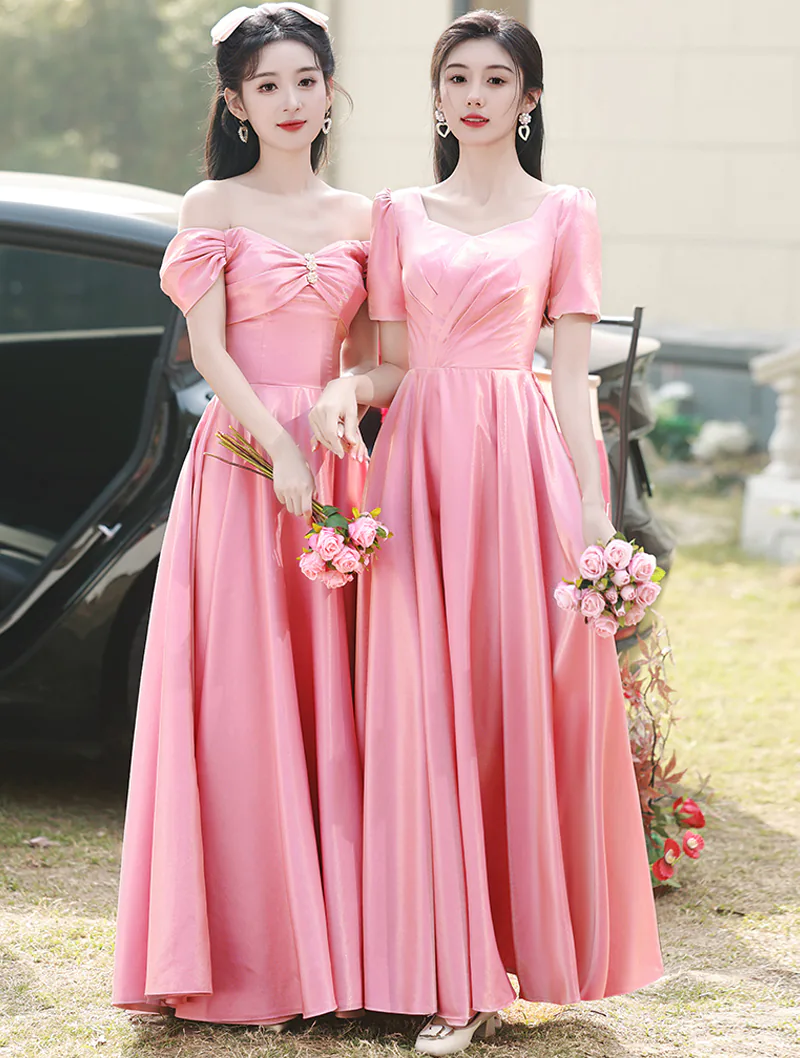 Charming Pink Satin Bridesmaid Dress Short Sleeve Prom Evening Gown02
